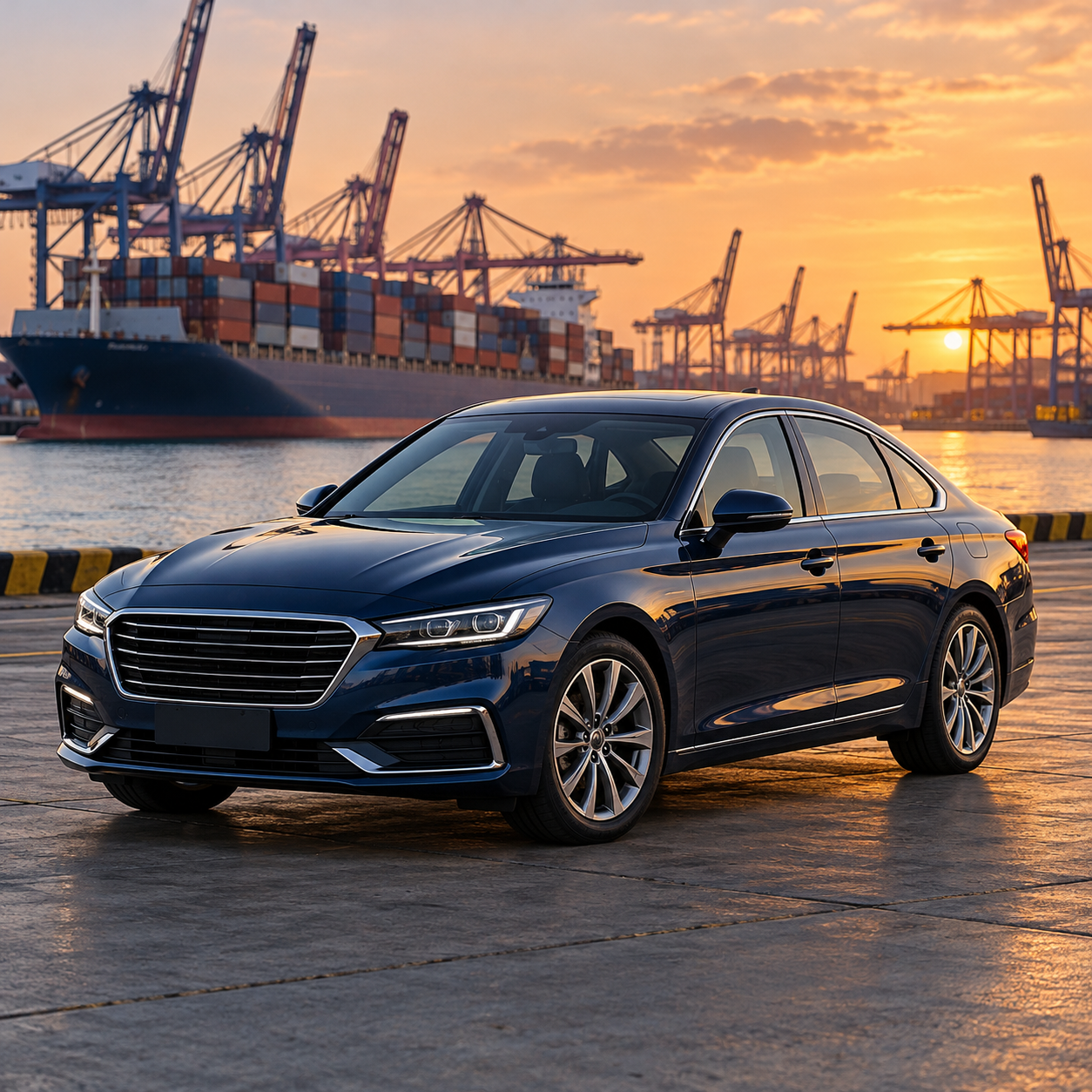 Illustrative used-car sourcing scene at a Chinese seaport